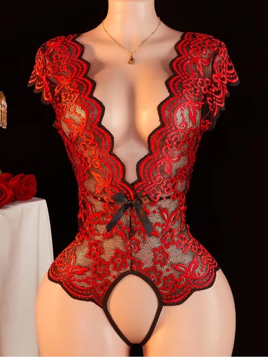 Other - Red & Black, Floral Lace, Teddy, Plunge, Lingerie Bodysuit
